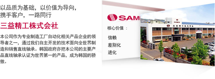 我们公司作为专门制造工厂自动化相关产品的企业的领导者，通过我们自己开发的技术而制造和销售直线轴承。还有韩国政府把本公司的主要产品直线轴承选定为世界第一的产品，成为韩国的骄傲。